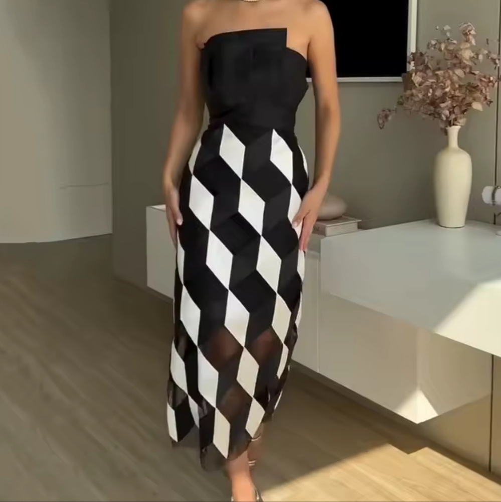 Midi Dress Women Fashion Sleeveless Tube Nipped Waist Contrast Multifaceted Prin - Picture 3 of 6